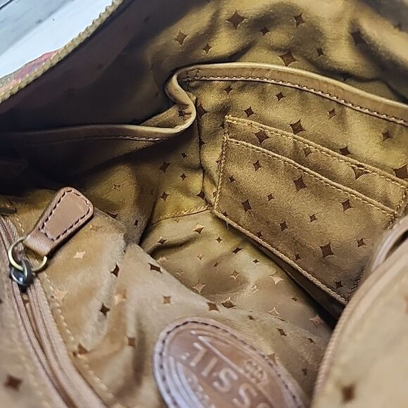 Vintage Fossil Multicolor Geometric Pattern Canvas/Leather Shoulder Bag Purse - Picture 10 of 11